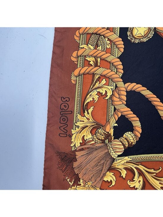 Belmont Print Silk Scarf - Elegant Equestrian Inspired  Vintage Selavi Silk Scarf Hand Rolled Edges Equestrian Crest Baroque Black Gold